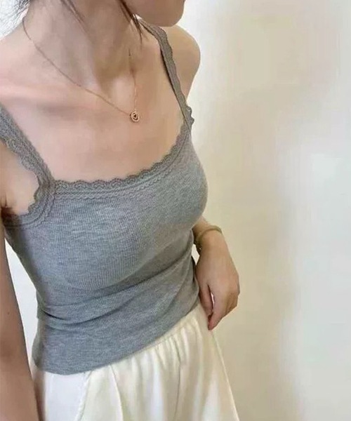 Lace Ladies(レースレディース)の「レース トリム リブ カップ付き キャミソール(キャミソール・レディース・ブラック/アイボリー/グレー/グレイッシュベージュ・FREE)」の12枚目の写真