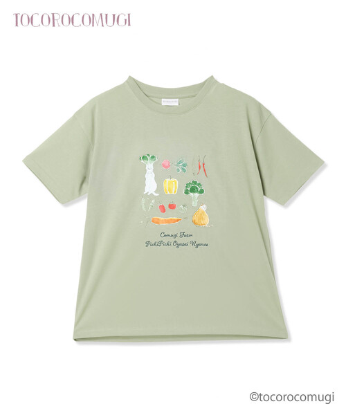 CROSSPLUS ONLINE(クロスプラスオンライン)の「トコロコムギお野菜にゃんこ半袖Tシャツ(Tシャツ/カットソー・レディース・ホワイト/ライトグリーン・M/L)」の2枚目の写真