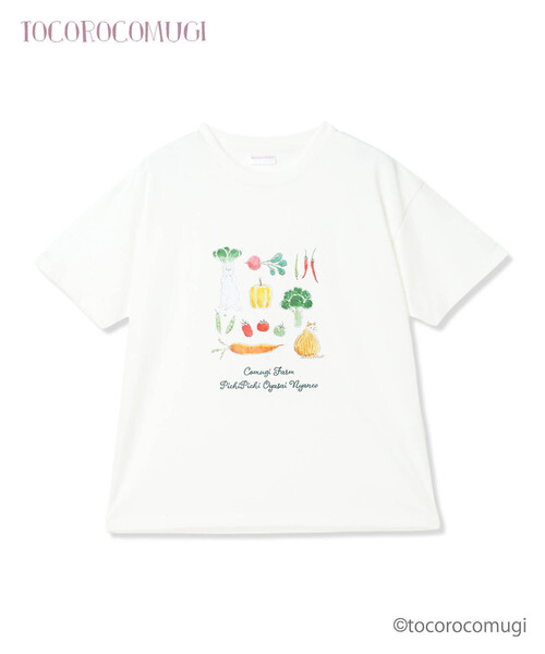 CROSSPLUS ONLINE(クロスプラスオンライン)の「トコロコムギお野菜にゃんこ半袖Tシャツ(Tシャツ/カットソー・レディース・ホワイト/ライトグリーン・M/L)」の1枚目の写真