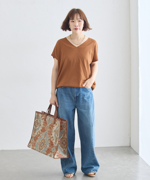 journal standard L'essage(ジャーナルスタンダードレサージュ)の「《接触冷感/ 手洗い可能》クールタッチVネックプルオーバー(ニット/セーター・レディース・ブラック系その他/ブラック/キャメル・FREE)」の15枚目の写真