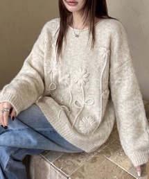 立体フラワー刺繍ニットプルオーバー