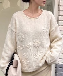 立体フラワー刺繍ニットプルオーバー
