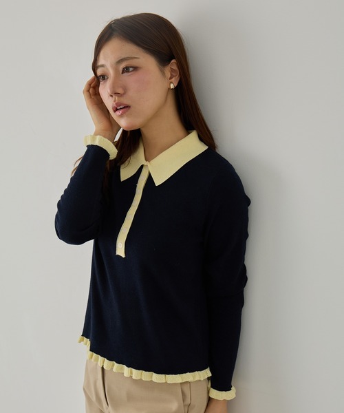 MAGASIN DE MODE Chou Chou（マガジンデモードシュシュ）の「【MAGASIN DE MODE Chou Chou】ニットポロシャツ SNF（ニット/セーター・レディース・アイボリー/ブラック/グレー・FREE）」の2枚目の写真