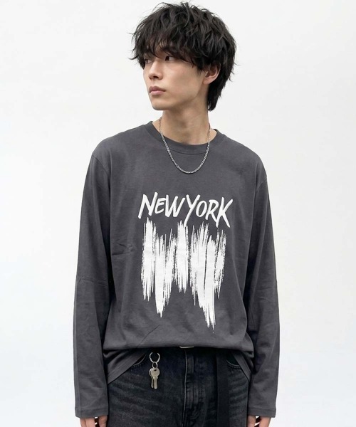 SHISKY(シスキー)の「プリントちょいショート丈ゆるロンT(Tシャツ/カットソー・メンズ・ネイビー/ブラック/オートミール/オフホワイト/チャコールグレー/ブラック系1/ホワイト系1/杢グレー・XL/L/M)」の16枚目の写真