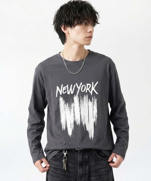 SHISKY(シスキー)の「プリントちょいショート丈ゆるロンT(Tシャツ/カットソー・メンズ・ネイビー/ブラック/オートミール/オフホワイト/チャコールグレー/ブラック系1/ホワイト系1/杢グレー・XL/L/M)」の18枚目の写真