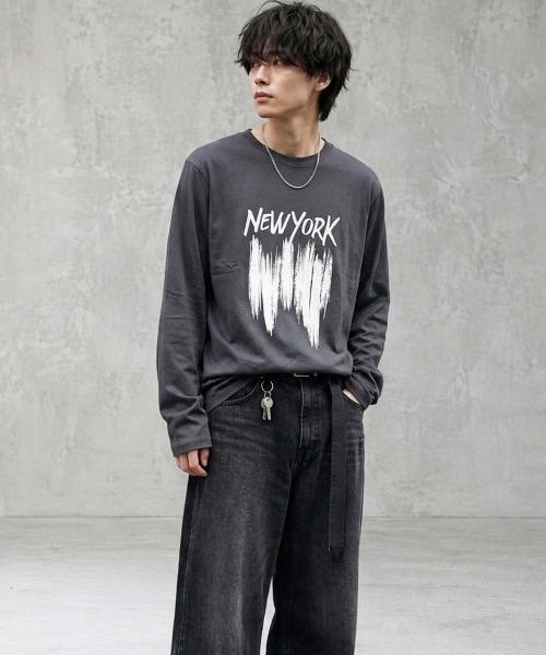SHISKY(シスキー)の「プリントちょいショート丈ゆるロンT(Tシャツ/カットソー・メンズ・ネイビー/ブラック/オートミール/オフホワイト/チャコールグレー/ブラック系1/ホワイト系1/杢グレー・XL/L/M)」の20枚目の写真