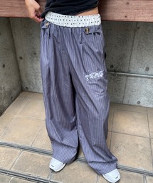 ドット×ストライプ ウエストレイヤード風ワイドスラックスパンツ