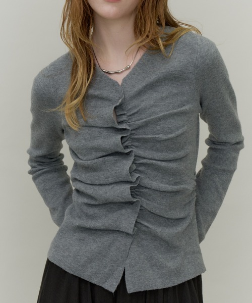 Plumel(プルメル)の「Front Gathered Knit Cardigan / フロントギャザーカーディガン(カーディガン/ボレロ・レディース・アイボリー/チャコールグレー/ブラック・MEDIUM)」の3枚目の写真