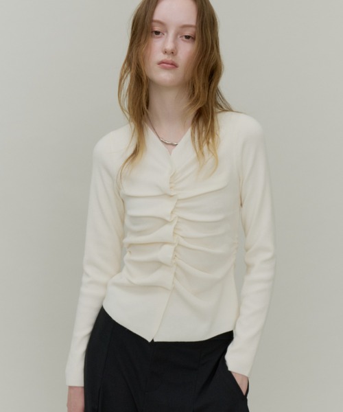 Plumel(プルメル)の「Front Gathered Knit Cardigan / フロントギャザーカーディガン(カーディガン/ボレロ・レディース・アイボリー/チャコールグレー/ブラック・MEDIUM)」の18枚目の写真