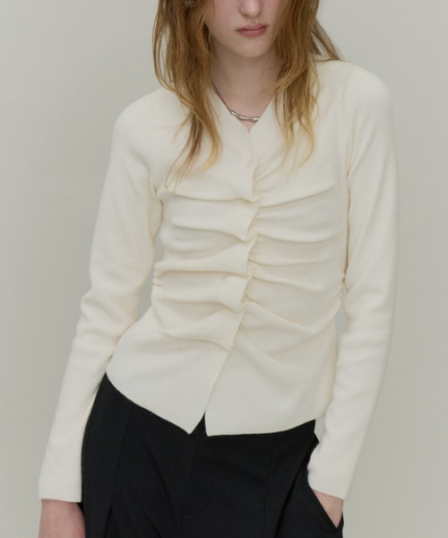 Plumel(プルメル)の「Front Gathered Knit Cardigan / フロントギャザーカーディガン(カーディガン/ボレロ・レディース・アイボリー/チャコールグレー/ブラック・MEDIUM)」の19枚目の写真