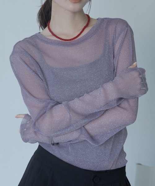 VACANCY(ヴァカンシー)の「【VACANCY公式】ラメクルーシアートップス(Tシャツ/カットソー・レディース・ライトグレー/ブラック/ブラウン/パープル/ブルー・FREE)」の1枚目の写真