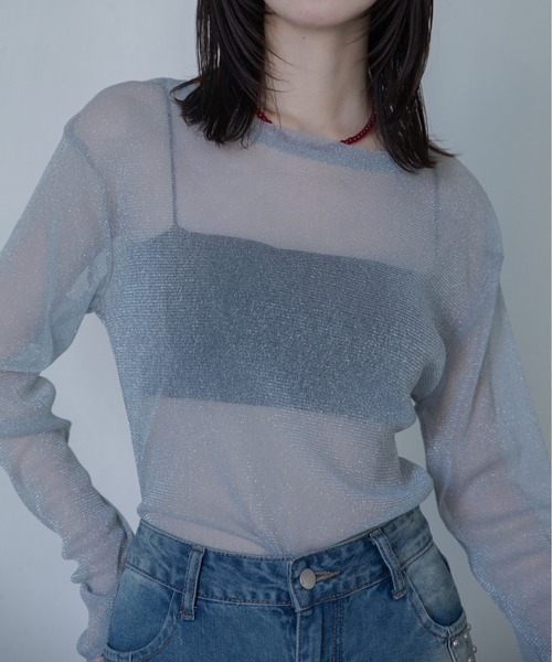 VACANCY(ヴァカンシー)の「【VACANCY公式】ラメクルーシアートップス(Tシャツ/カットソー・レディース・ライトグレー/ブラック/ブラウン/パープル/ブルー・FREE)」の3枚目の写真