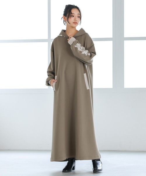 n'OrLABEL(ノアールレーベル)の「モチーフレース付フードワンピース(ワンピース・レディース・カーキ/ブラック/ブルーグリーン・FREE)」の3枚目の写真