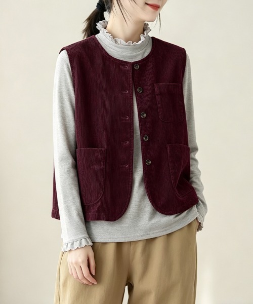 ReRe(リリ)の「コーデュロイノーカラーベスト(ベスト・レディース・ワインレッド/ベージュ/ダークブラウン・MEDIUM/X-LARGE/LARGE)」の11枚目の写真