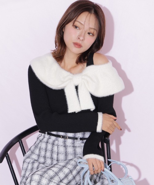 JILL by JILL STUART(ジルバイジルスチュアート)の「フェザーアシメリボンニット(ニット/セーター・レディース・ブラック/ピンク/ホワイト・FREE)」の6枚目の写真