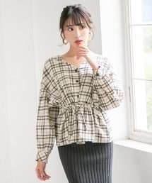 チェックドロストVネックブラウス