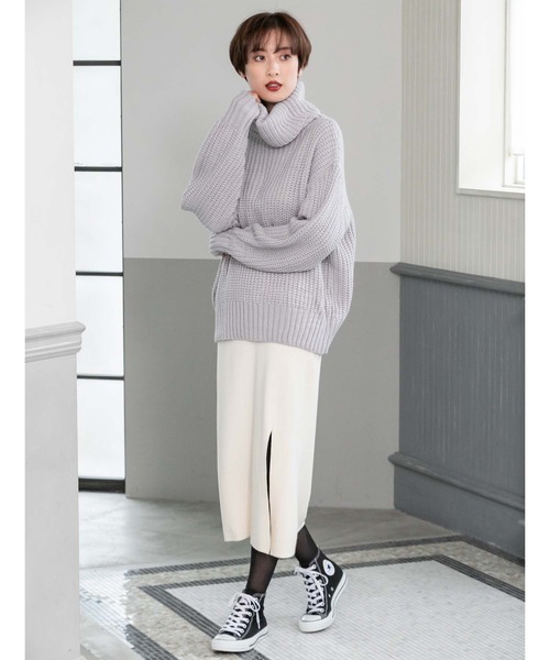 fifth（フィフス）の「サイドスリットロングニットスカート（スカート・レディース・ブラック/ホワイト・MEDIUM）」の2枚目の写真