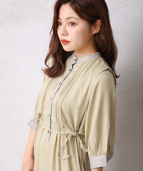 ap retro（アプレトロ）の「異素材使いベストレイヤードロングシャツワンピース（ワンピース・レディース・オフホワイト/ホワイト系その他/ブラック/グリーン系その他・FREE）」の19枚目の写真