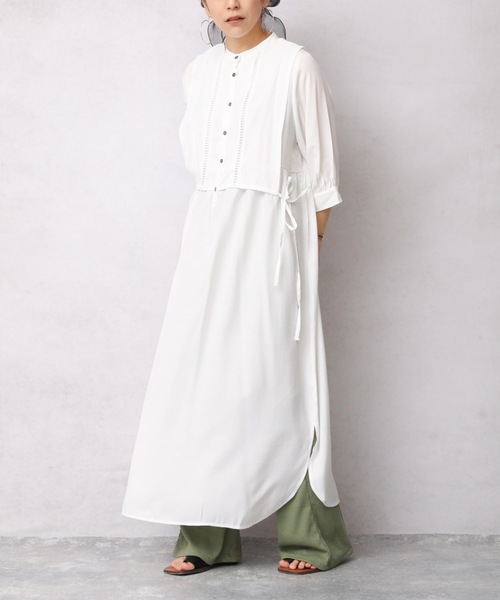 ap retro（アプレトロ）の「異素材使いベストレイヤードロングシャツワンピース（ワンピース・レディース・オフホワイト/ホワイト系その他/ブラック/グリーン系その他・FREE）」の11枚目の写真