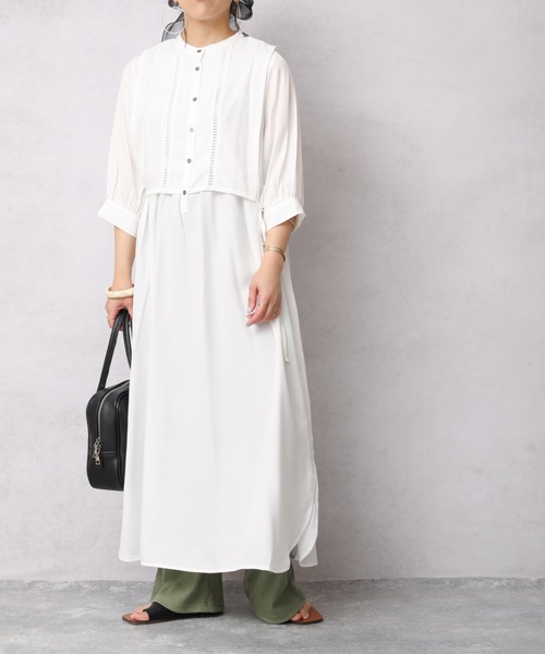 ap retro（アプレトロ）の「異素材使いベストレイヤードロングシャツワンピース（ワンピース・レディース・オフホワイト/ホワイト系その他/ブラック/グリーン系その他・FREE）」の6枚目の写真