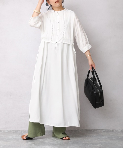 ap retro（アプレトロ）の「異素材使いベストレイヤードロングシャツワンピース（ワンピース・レディース・オフホワイト/ホワイト系その他/ブラック/グリーン系その他・FREE）」の5枚目の写真