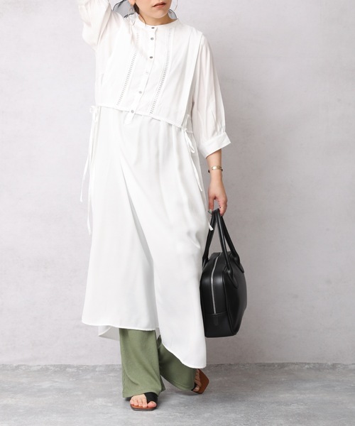 ap retro（アプレトロ）の「異素材使いベストレイヤードロングシャツワンピース（ワンピース・レディース・オフホワイト/ホワイト系その他/ブラック/グリーン系その他・FREE）」の7枚目の写真
