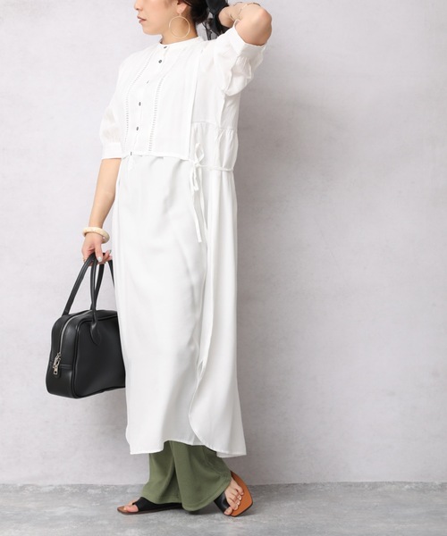 ap retro（アプレトロ）の「異素材使いベストレイヤードロングシャツワンピース（ワンピース・レディース・オフホワイト/ホワイト系その他/ブラック/グリーン系その他・FREE）」の8枚目の写真