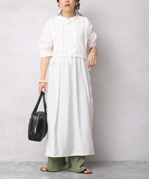 ap retro（アプレトロ）の「異素材使いベストレイヤードロングシャツワンピース（ワンピース・レディース・オフホワイト/ホワイト系その他/ブラック/グリーン系その他・FREE）」の9枚目の写真