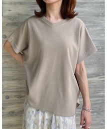 Vネック無地コットンワッフル半袖tシャツ