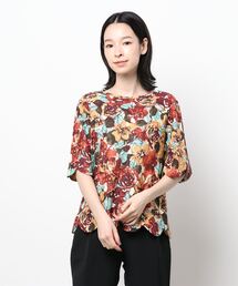 ウォッシャブル麻ソレイユドローイングフラワー柄スカラトップス