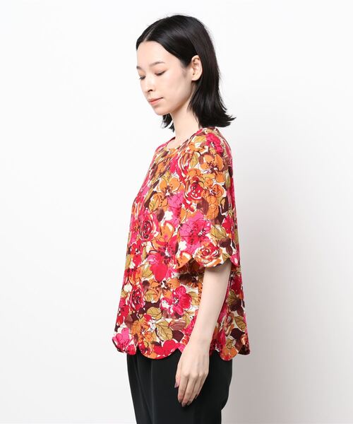 GGD（ジージーディー）の「ウォッシャブル麻ソレイユドローイングフラワー柄スカラトップス（Tシャツ/カットソー・レディース・バーガンディー/オレンジ・L/M/LL/XXL）」の3枚目の写真