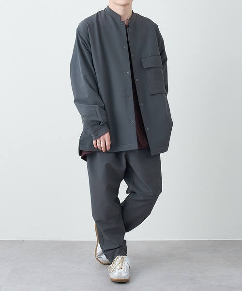 COMMUNe:マルチストレッチ裏起毛バンドカラーシャツ【セットアップ対応】