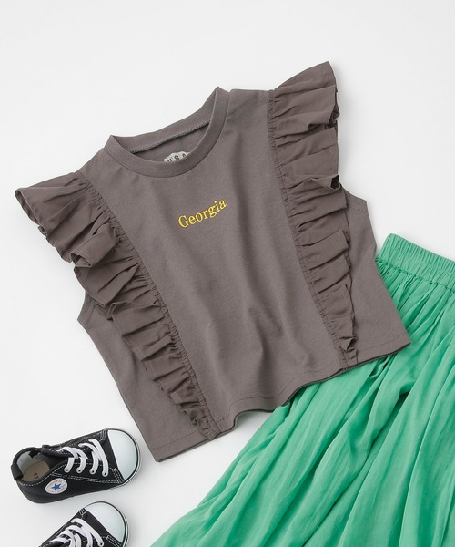 CIAOPANIC TYPY（チャオパニックティピー）の「【大人百花掲載】【KIDS】USAコットン刺繍フリルTee（Tシャツ/カットソー・キッズ・チャコールグレー/ホワイト/グレー系その他・SMALL/MEDIUM/LARGE/X-LARGE/XX-LARGE）」の2枚目の写真