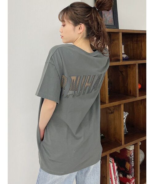 GYDA（ジェイダ）の「RAUHAAメッシュロゴVネックTシャツ（Tシャツ/カットソー・レディース・チャコールグレー/ベージュ/オフホワイト/ミント・FREE）」の3枚目の写真
