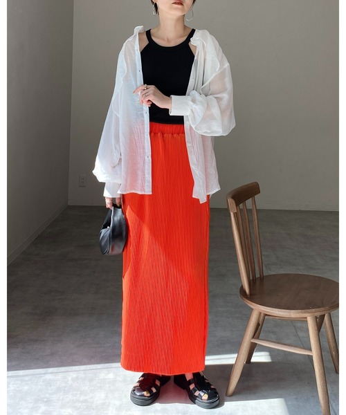 She's Closet（シーズクローゼット）の「【セルフカット対応】Iラインハイウエスト細プリーツロングスカート（スカート・レディース・ブラック/グレー/レッド/グリーン/グレイッシュベージュ/ピンク/パープル/オレンジ・FREE）」の10枚目の写真