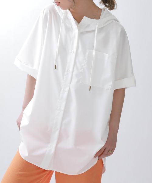 n'OrLABEL(ノアールレーベル)の「【廃盤】『スタンドフーディ五分袖シャツ』(シャツ/ブラウス・レディース・ブラック/ベージュ/オフホワイト・FREE)」の1枚目の写真