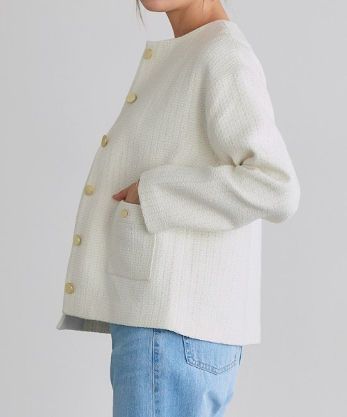 Pierrot(ピエロ)の「ツイードノーカラージャケット(ノーカラージャケット・レディース・オフホワイト/ブラック/イエロー・M/L)」の6枚目の写真