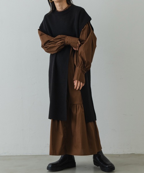 Shelly island（シェリーアイランド）の「ティアードロングシャツワンピース（シャツワンピース・レディース・ブラック/ブラウン・FREE）」の16枚目の写真