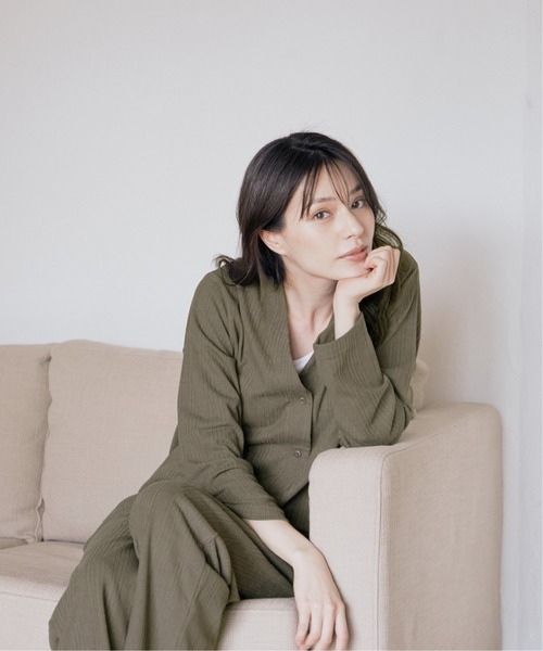 sleeping.com（スリーピングドットコム）の「オリジナルの香り付き素材 レディス・ランダムストライプジャガードカットソー羽織（ルームウェア/パジャマ・レディース・ブルー/オリーブ・ﾌﾘ-）」の3枚目の写真