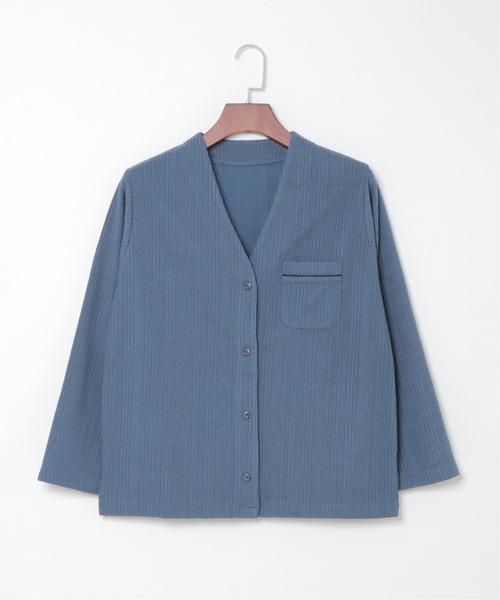 sleeping.com（スリーピングドットコム）の「オリジナルの香り付き素材 レディス・ランダムストライプジャガードカットソー羽織（ルームウェア/パジャマ・レディース・ブルー/オリーブ・ﾌﾘ-）」の4枚目の写真