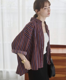 ANGIE | シアー オーバーサイズ  レギュラーカラー半袖シャツ / 無地 / ストライプ(シャツ/ブラウス)