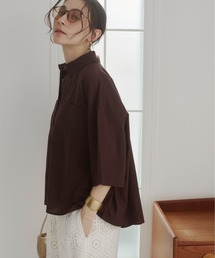 ANGIE（アンジー）の「シアー オーバーサイズ  レギュラーカラー半袖シャツ / 無地 / ストライプ（シャツ/ブラウス）」