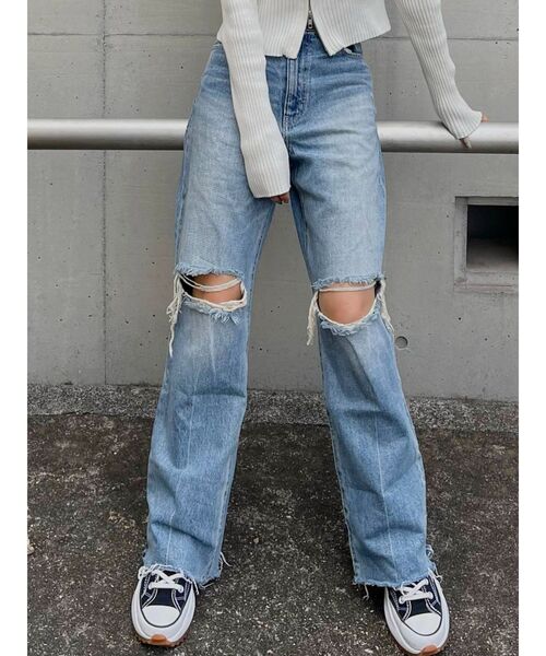 EVRIS(エヴリス)の「ダメージワイドデニムパンツ(デニムパンツ・レディース・ブルー・SMALL/MEDIUM)」の3枚目の写真