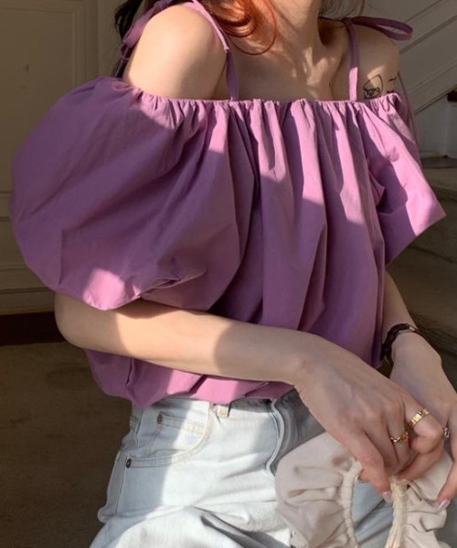 セール】パフスリーブオフショルダー リボン付きブラウス