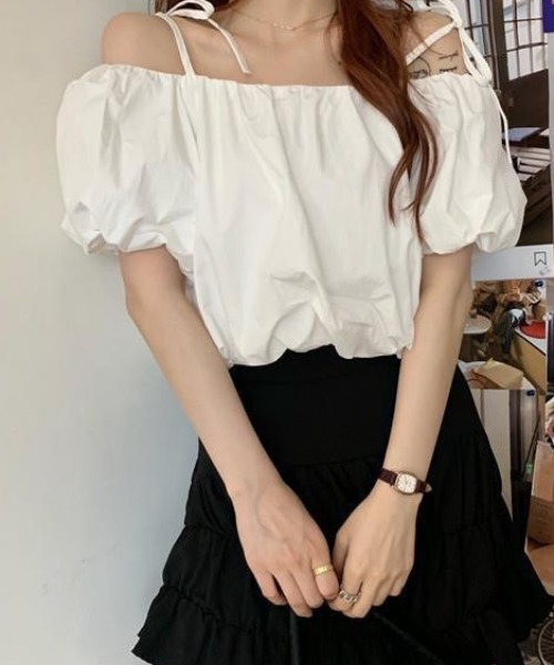 セール】パフスリーブオフショルダー リボン付きブラウス（シャツ