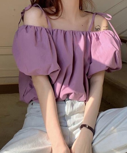 セール】パフスリーブオフショルダー リボン付きブラウス（シャツ