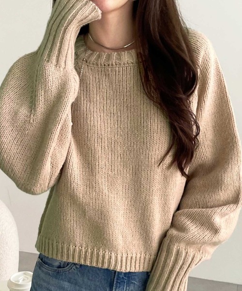 GeeRA（ジーラ）の「ボリュームスリーブカラーショート丈ニット（ニット/セーター・レディース・ブルー/グレー/アイボリー/ピンク/ベージュ/イエロー・SMALL/X-LARGE/MEDIUM/LARGE）」の3枚目の写真