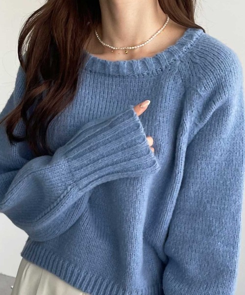 GeeRA（ジーラ）の「ボリュームスリーブカラーショート丈ニット（ニット/セーター・レディース・ブルー/グレー/アイボリー/ピンク/ベージュ/イエロー・SMALL/X-LARGE/MEDIUM/LARGE）」の4枚目の写真