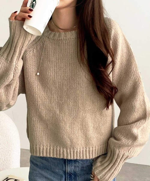 セール】ボリュームスリーブカラーショート丈ニット（ニット/セーター