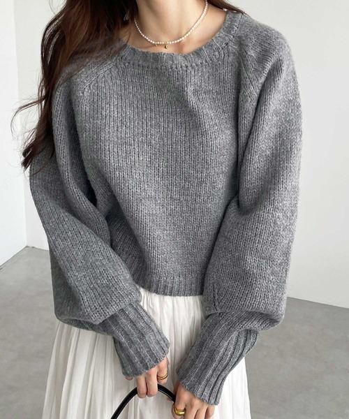 セール】ボリュームスリーブカラーショート丈ニット（ニット/セーター